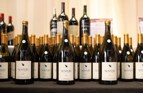 Wine bottles on table